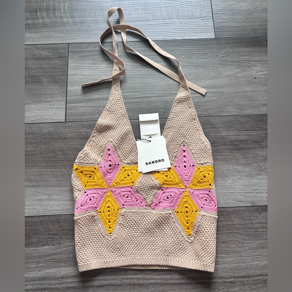 Sandro Paris Beige Crochet Halter Top with Pink & Yellow Star Panels 0 - Picture 2 of 6